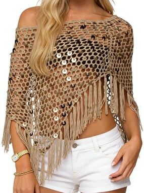 Fringe Crochet Knit Poncho Top - Tan
